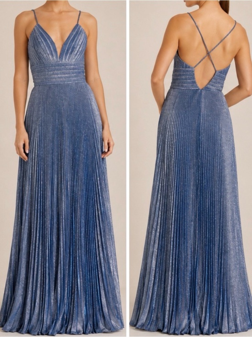 Mac Duggal Royal Silver Metallic Pleated V-Neck Maxi Formal Elegant Gown